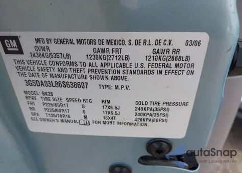 2006 Buick Rendezvous Cx z USA, uszkodzony, nr VIN 3G5DA03L86S638607